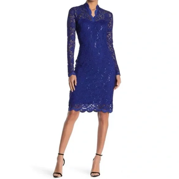 Marina Scalloped Sequined Lace Dress Royal L At Nordstrom Rack - Womens Cocktail & Party Dresses - Wedding Guest Dresses